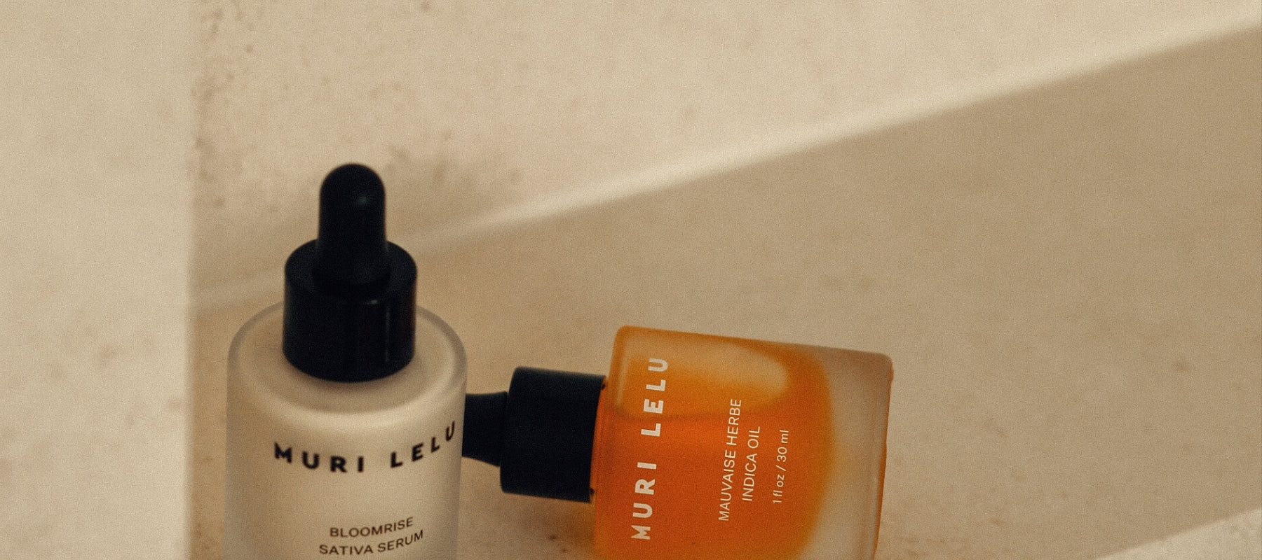 Visual content for See New Skincare showing Muri Lelu skincare bottles in bathroom.